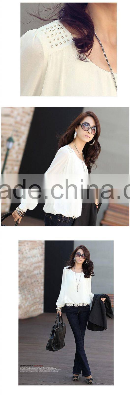 2016 Wholesale cheap price Women chiffon shirts outfit rivet cute doll Long sleeves design women chiffon casual Top Blouse
