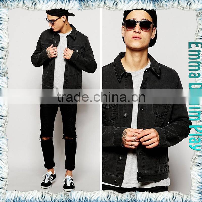 2016 Hot Style 100% Cotton Stone Wash Vintage Black Denim Mens Chic Jackets