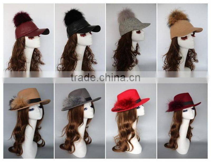 High Quality 100% Acrylic Knit Scarf Pattern Collar Soft Feel With Raccoon Fur Pom Pom Winter Hat