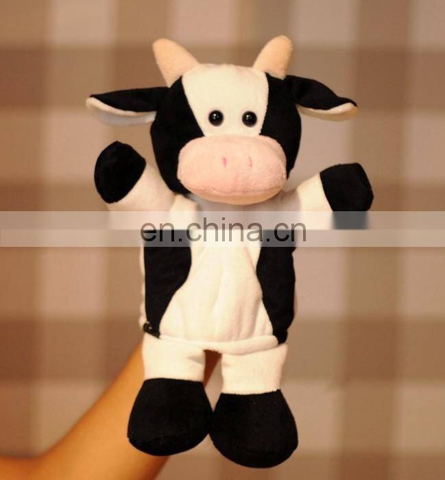 Educational kids toy custom animal cartoon character soft plush stuffed cow hand puppet
