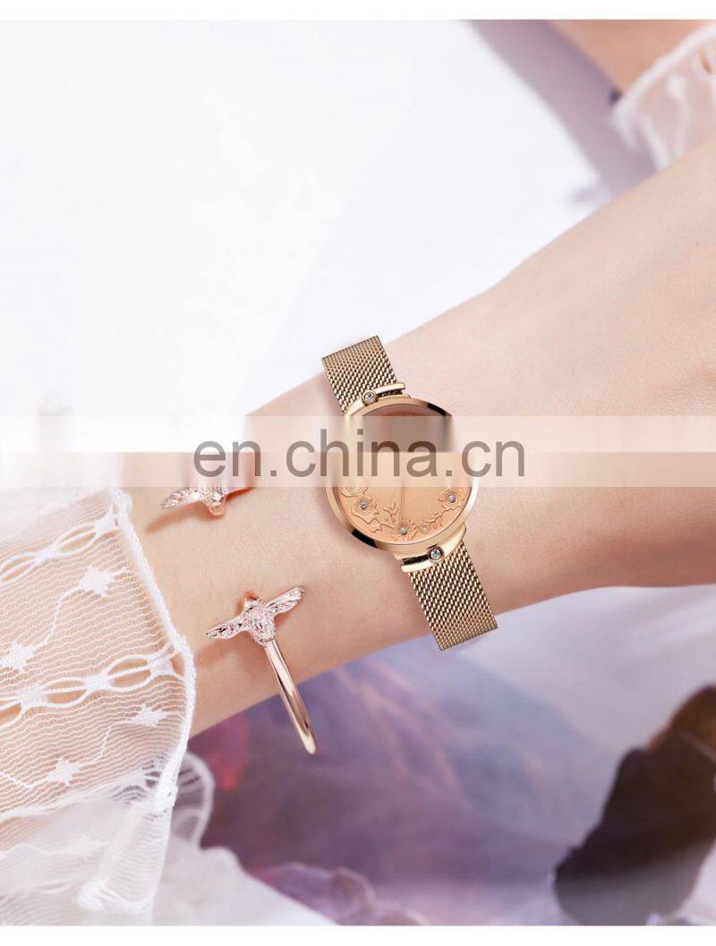 Hannah Martin 119 New Hot Sale Women Watch Rhinestone Embossed Rose Gold Mesh Belt Japanese Movement Waterproof Quartz Watch