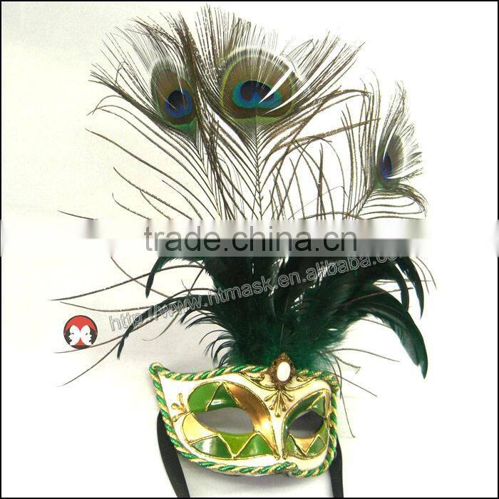 Handmade very beauty half face Rhinestone long peacock feather chicken feather party mask