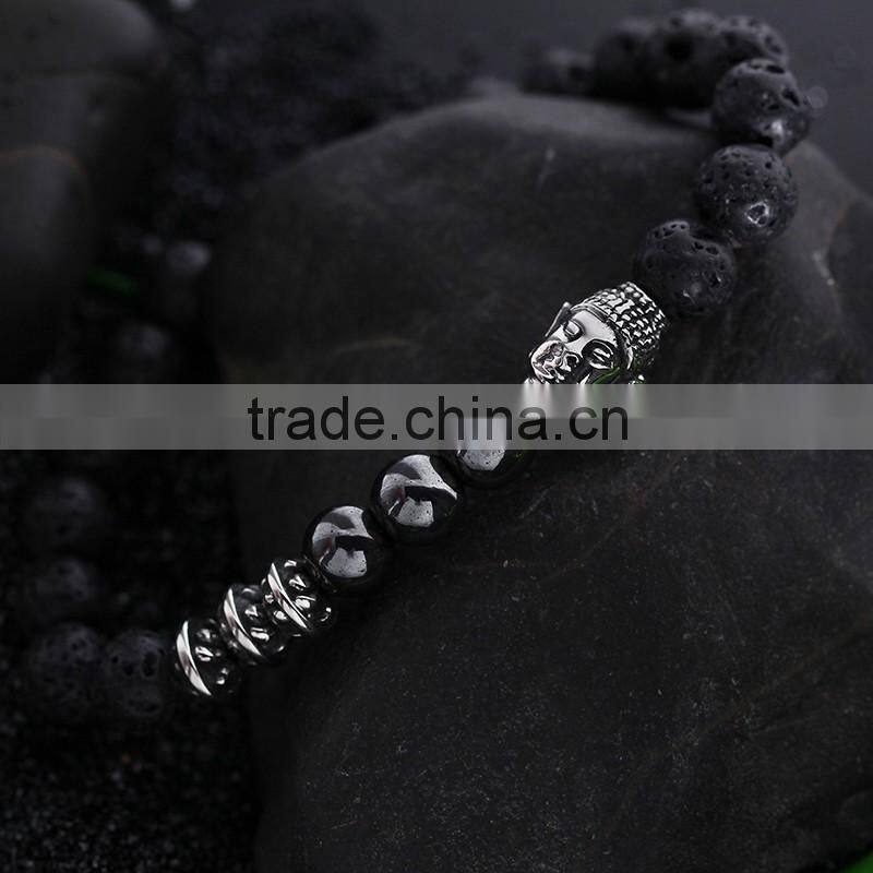 Wholesale custom 8mm lava bead bracelet jewelry for men fashion silver buddha bracelet