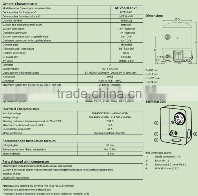 MT series Hemetic refrigeration Maneurop compressor MTZ56