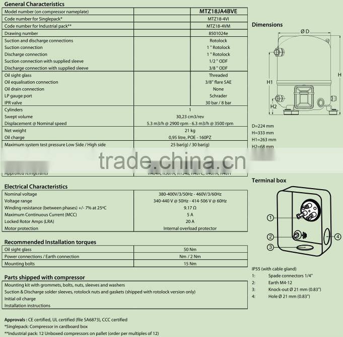 Excellent energy efficiency Piston refrigeration Maneurop compressor MTZ18