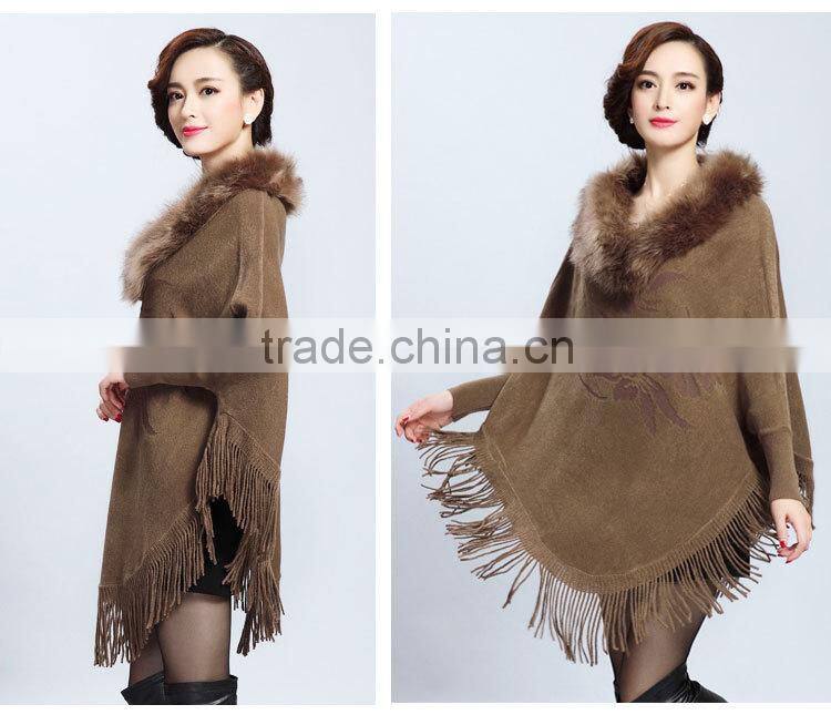 2015 Europe and United States new upmarket collars printing long tassels knitting cape coat female