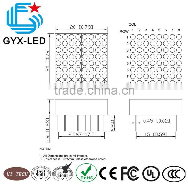 black face water clear lens yellow color 1.9mm diameter dot 2.5 mm pitch 8*8 dots 20*20 mm size LED dot matrix display