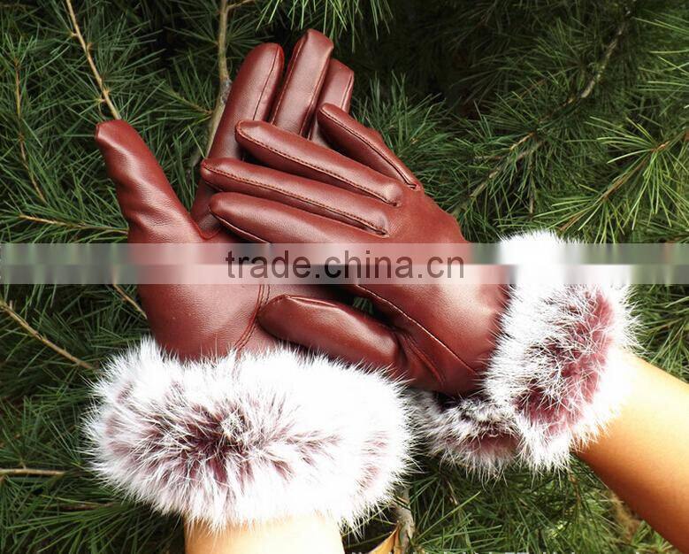 Korea Style Full Finger PU Material Winter Keep Warm and Velvet Cycle Gloves for Woman