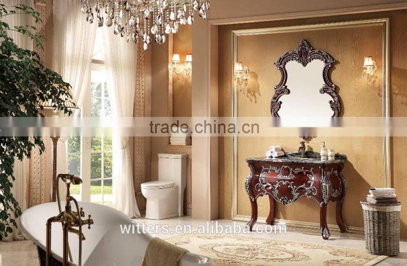 Single bowl bathroom vanity decorated by hand carving and painting in silver WTS827
