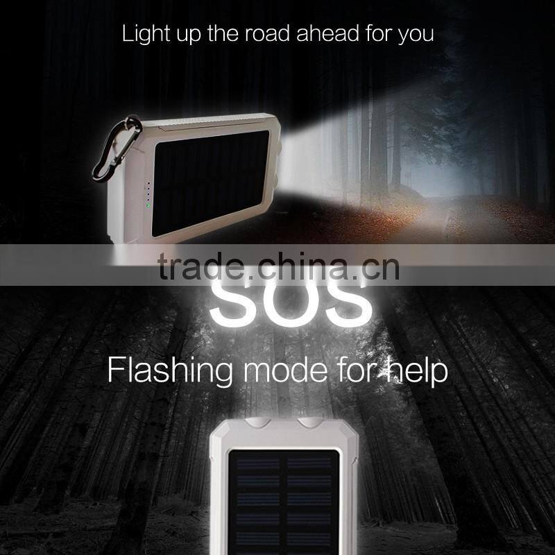 Outdoor survival waterproof solar mobile power bank charger with hook 10000mah