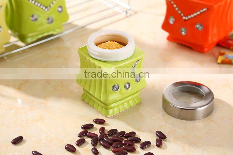 ceramic canister set with stainless metal stand