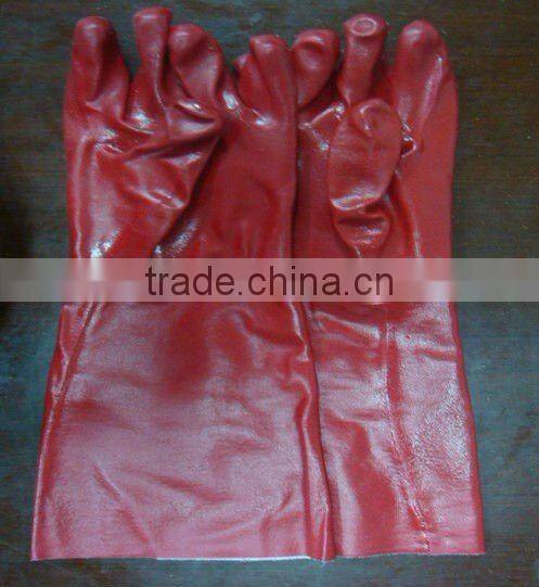 red PVC glove, gauntlet, 40cm,interlock line, smooth finish