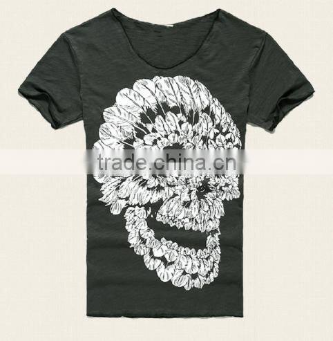 2016 Men Deep V Neck Summer Cotton Skull Print Slim T Shirt
