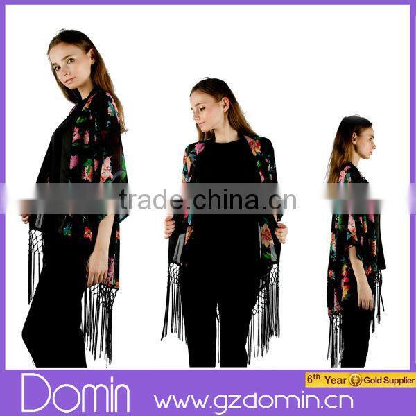 Dark Base Printed Fringed Floral Kimono