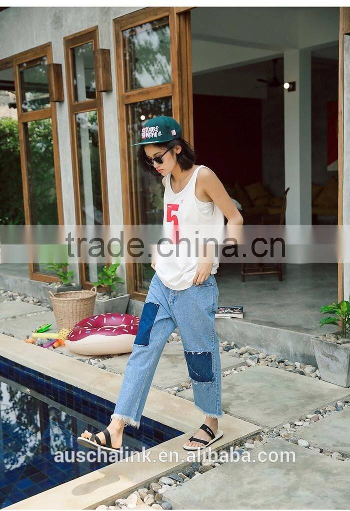 summer trendy exotic knee patches straight jeans fashion design