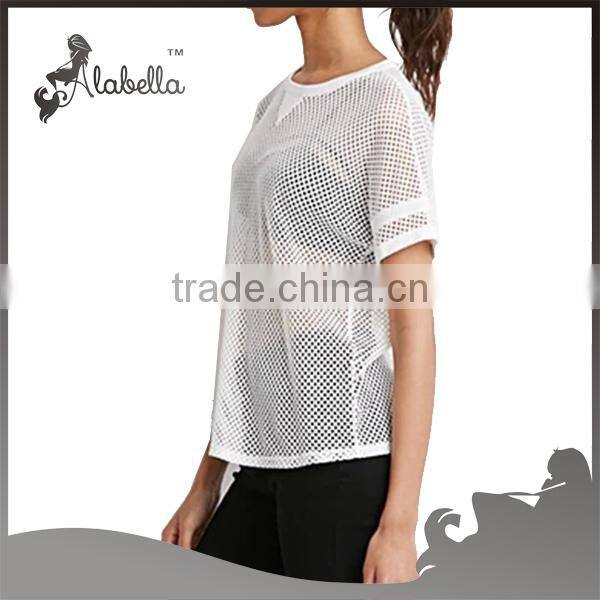 Top tee white t-shirts with mesh fabric sexy t shirts for women