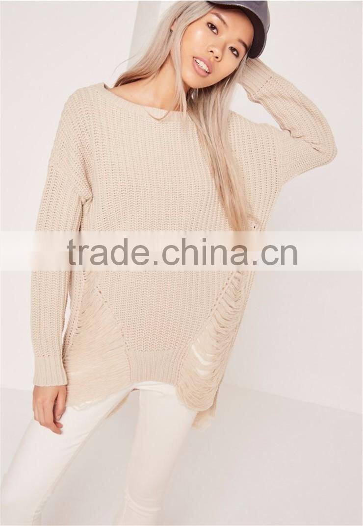 Custom Made Women Longline Oversized Knitwear Private Label Own Branding Sweater Distressed Off Shoulder Jumper Cream