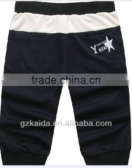 100% Cotton Sweater Cloth Men's Casual 3/4 Short Beach Pants with Joined Color Embroidery Contrast