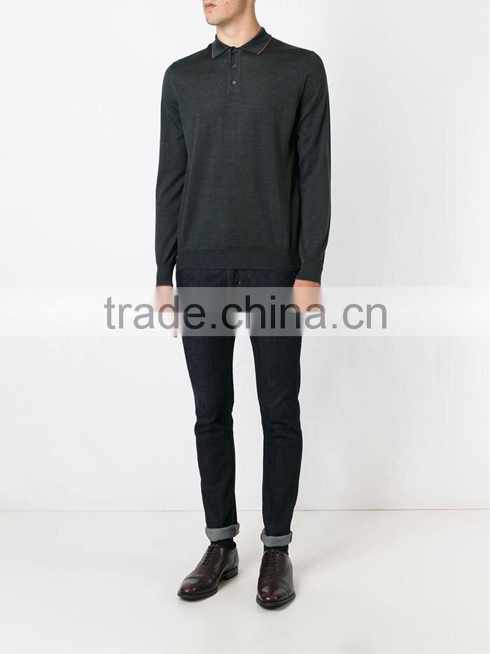 Mens soft grey wool-silk blend long sleeve polo shirt