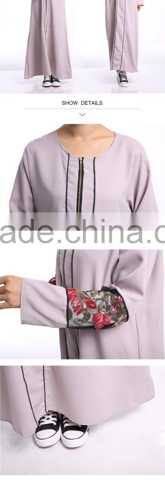 Zakiyyah 609 Wholesale islamic abaya new model with floral sleeve Zipper Front abaya in solid color in dubai