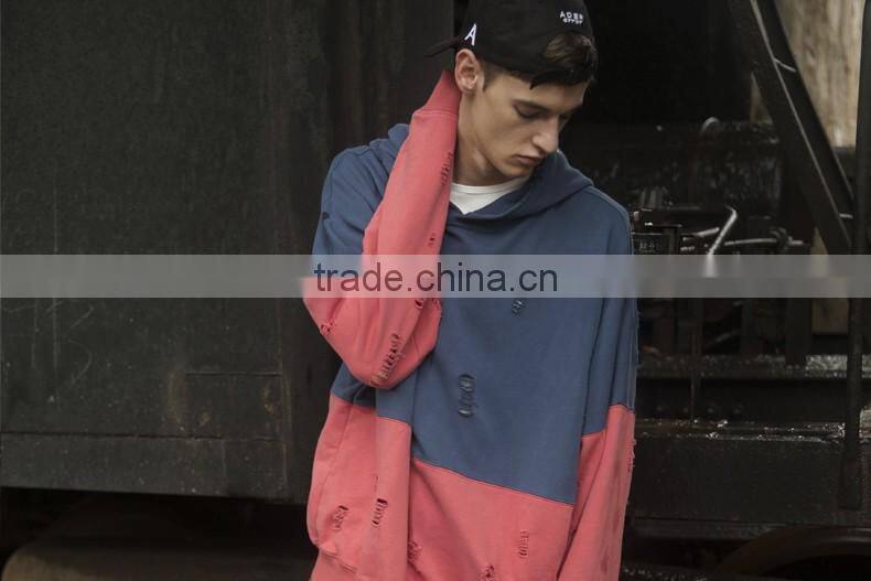 China Suppliers New Custom Fashion Men Contrast Two Color Pullover Oversized Distressed Hoodie with embroidered logo