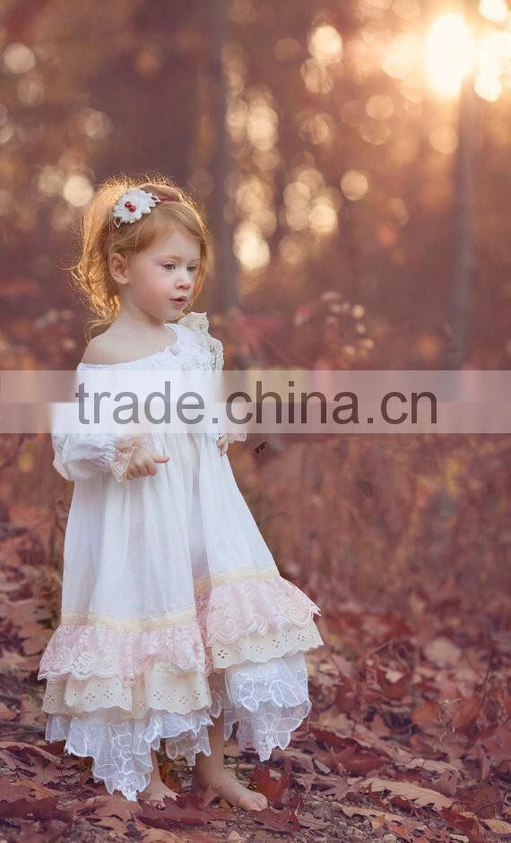 Girls Classic Long Sleeved Vintage Lace Embellished Nightgown Baby Kids Christmas Sleepwear 100% Cotton Lace Crochet Dress