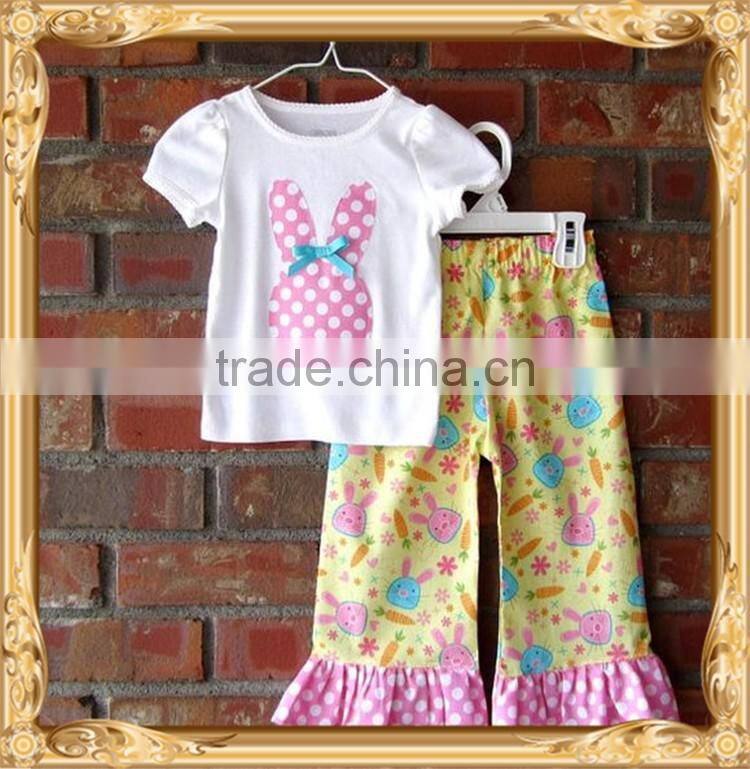 Boutique girl clothing spring and summer easter bunny outfits for toddler girls bunny top and floral triple ruffle pants sets