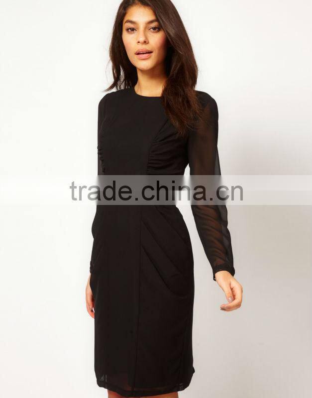 Pencil Dress With Ruched Side Panels And Lace Cuff Detail