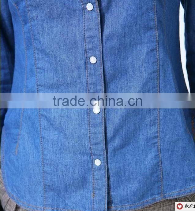 new slim fit long sleeves denim dress shirts for women with two pockets