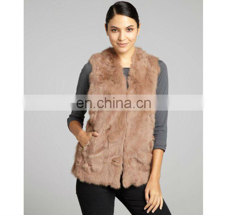 taupe rabbit fur v-neck vest /quality supplier+OEM+ODM