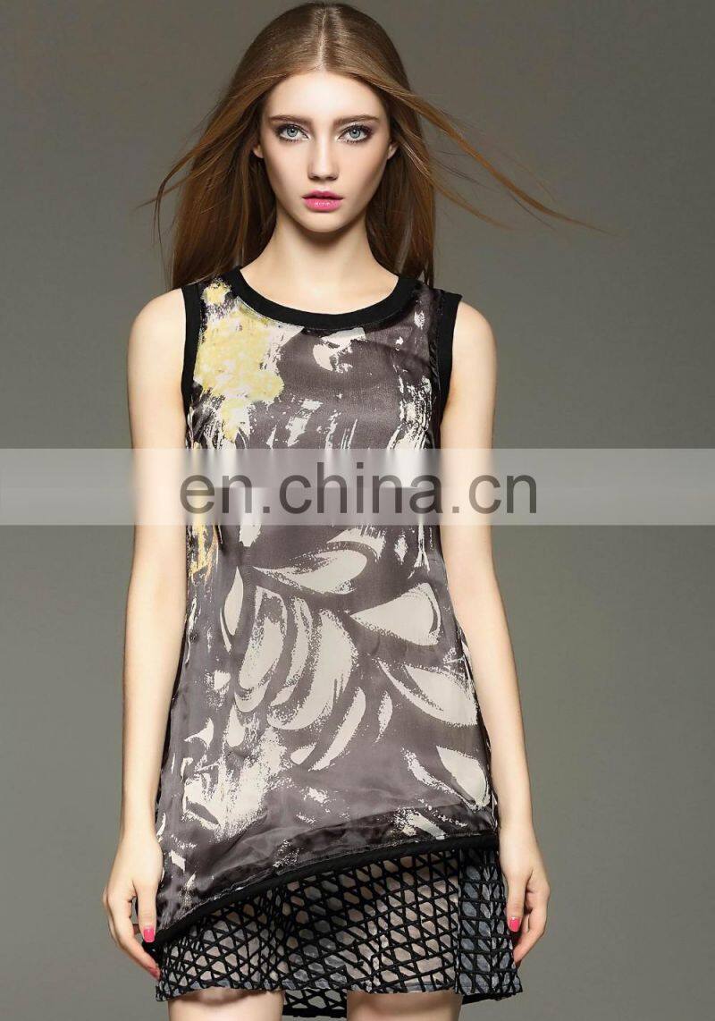 High quality sleeveless print organza dress 2016 mesh panel dress