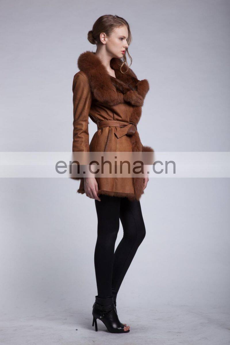 Luxury Fox Fur Trimmed Sheepskin Fur Garment Winter Fox Fur Hood Fur Jacket Bonjovi Original Design DOUBLE FACE Fur Coat