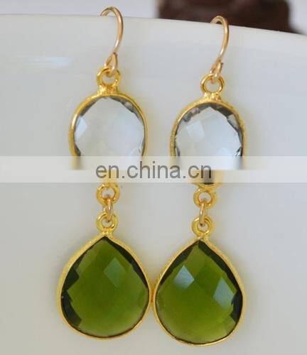 Crystal Quartz Bezel Set Gemstone Earring/Double stone earrings/2015 women fashion earrings