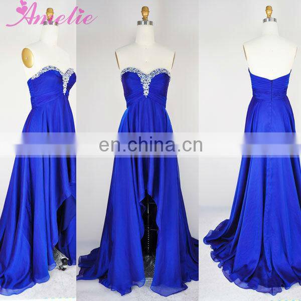 Royal blue strapless beaded chiffon prom dress