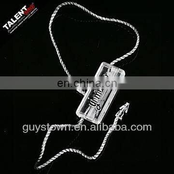 custom new fashion brand name transparent string seal tag for hangtag