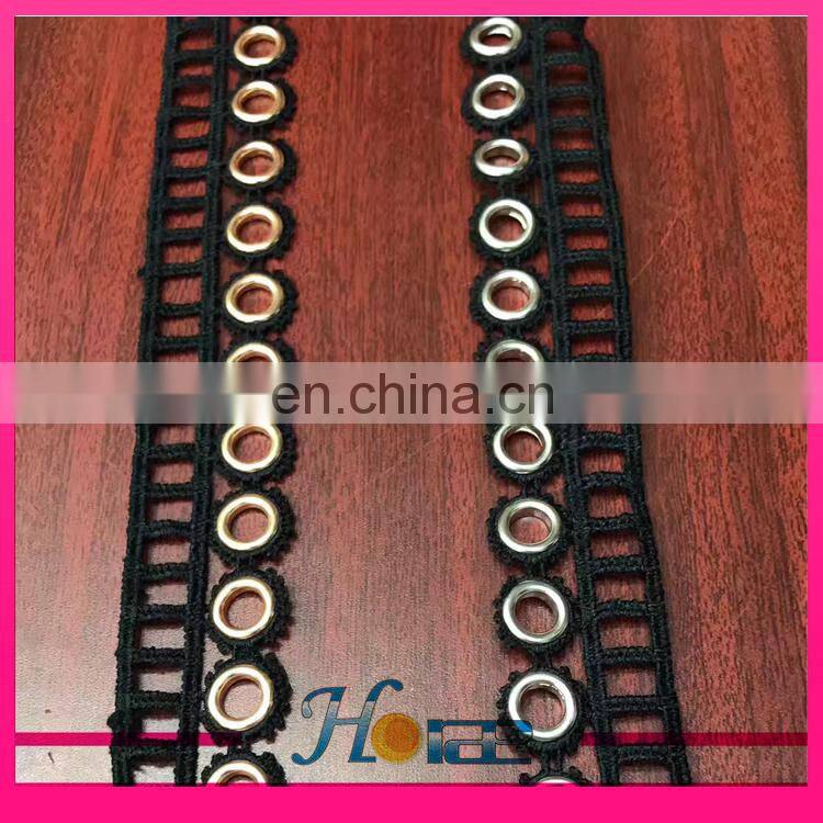 Latest design gold metal grommet eyelet black polyester lace trimming for garment and shoe