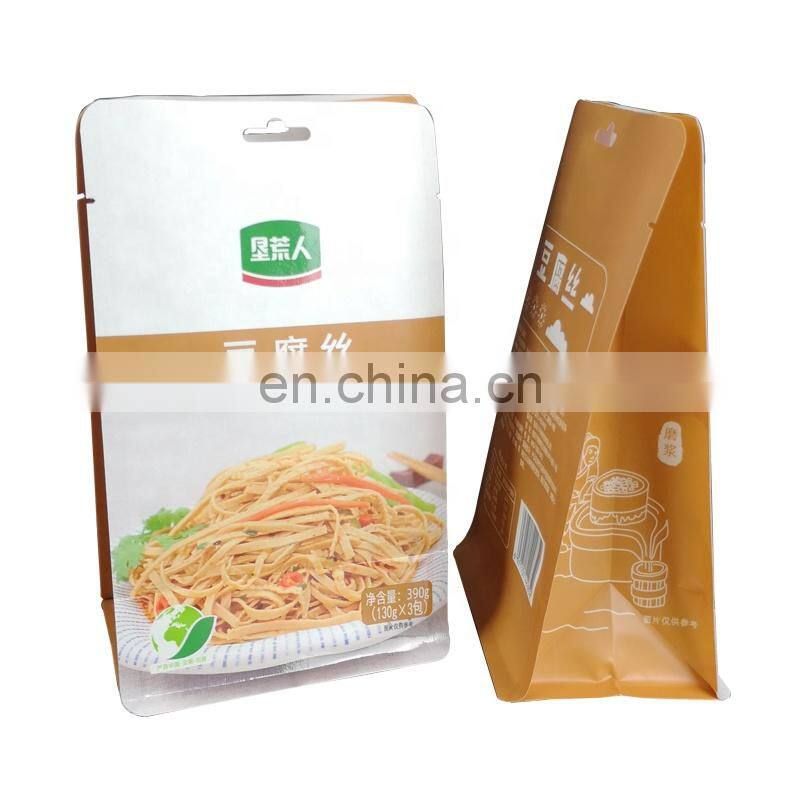 Stand up flat bottom white kraft paper bag custom logo 390g Tofu Wire pouch resealable gusset bag with clear side window