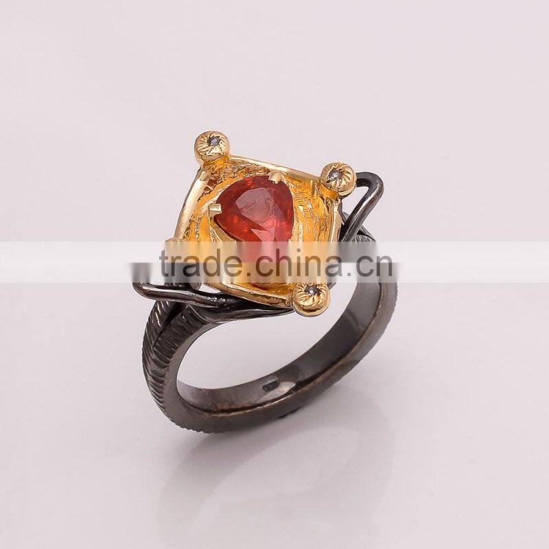 925 SOLID STERLING FINE SILVER GARNET RING BLACK & GOLD RHODIUM