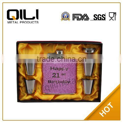 FDA 7oz stainless steel personalised wine hip flask gift set