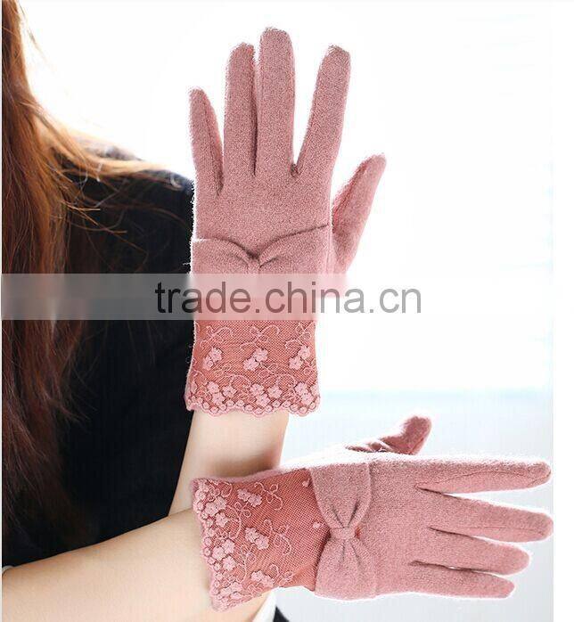 girls fashion sweet warm woolen gloves fashion wool lace gloves with bow