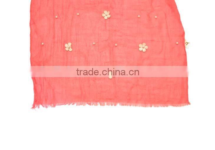 2015 Autumn Winter Newest Small Flower Applique Pearl Beads Fixed Soft Cotton Baby Girl Scarf