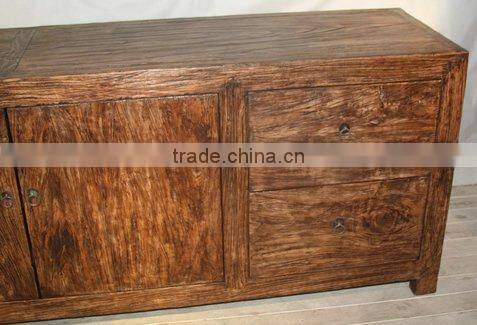 Antique Chinese Old Rustic Elm Two Door Four Drawer Cabinet