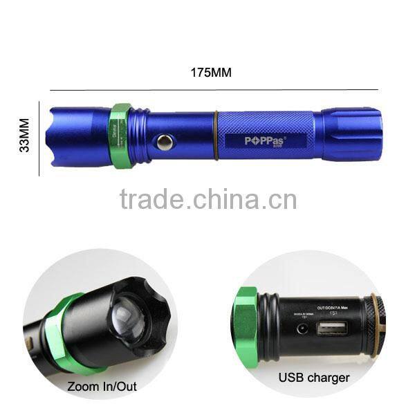 POPPAS 809B 3W Brightest XPE R2 Zoomable USB Power Bank Torch Light Police Flashlight