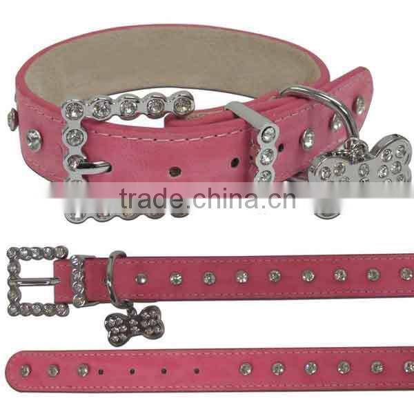 Green Rhinestone Buckle Leather Dog Collars Wholesale