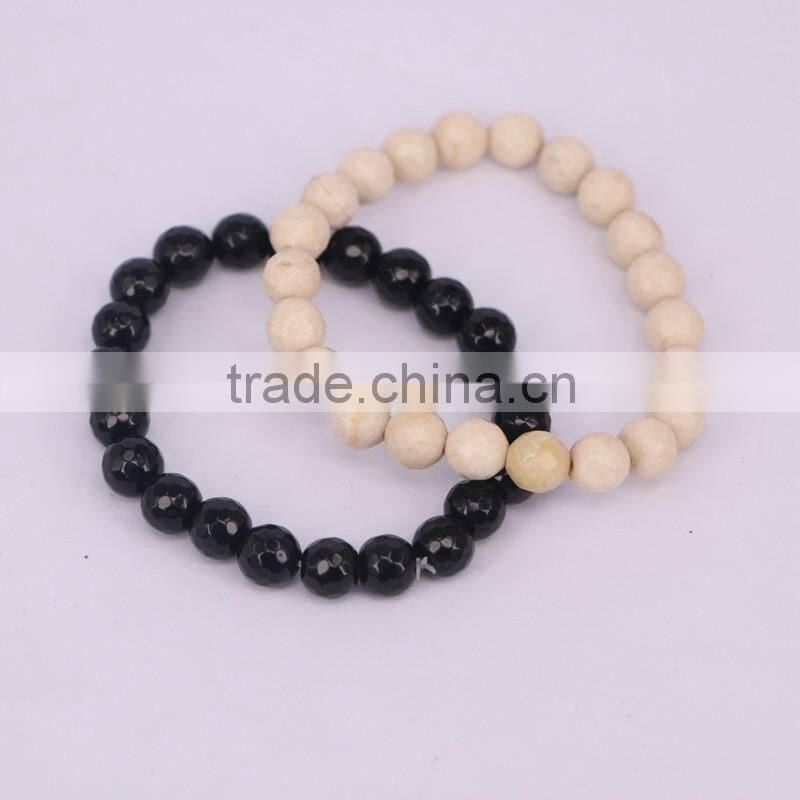 Charm Faceted Stone Round Shape Bracelets, Jet / Wood Gem stone Bracelet