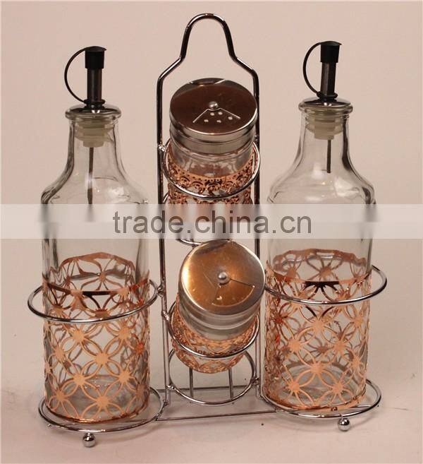 set of glass oil spice jar bottle set with iron holder golden metal cover