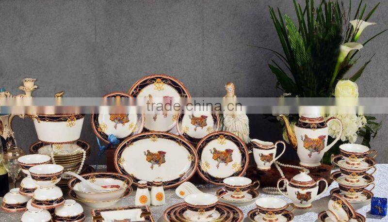 Chinese design saddle painting 69pcs ceramic bone china dinnerware set