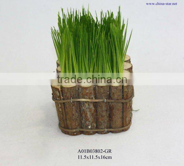 potted artificial grass with wooden planters