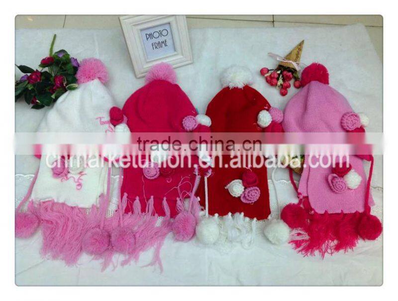 girls hand make flower hat and scarf set , and acrylic hat with embroidered tassels scraf