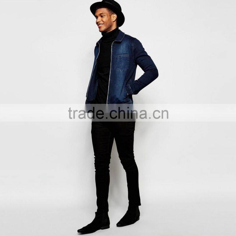 men hot sale plain denim jacket dark blue with zipper OEM services